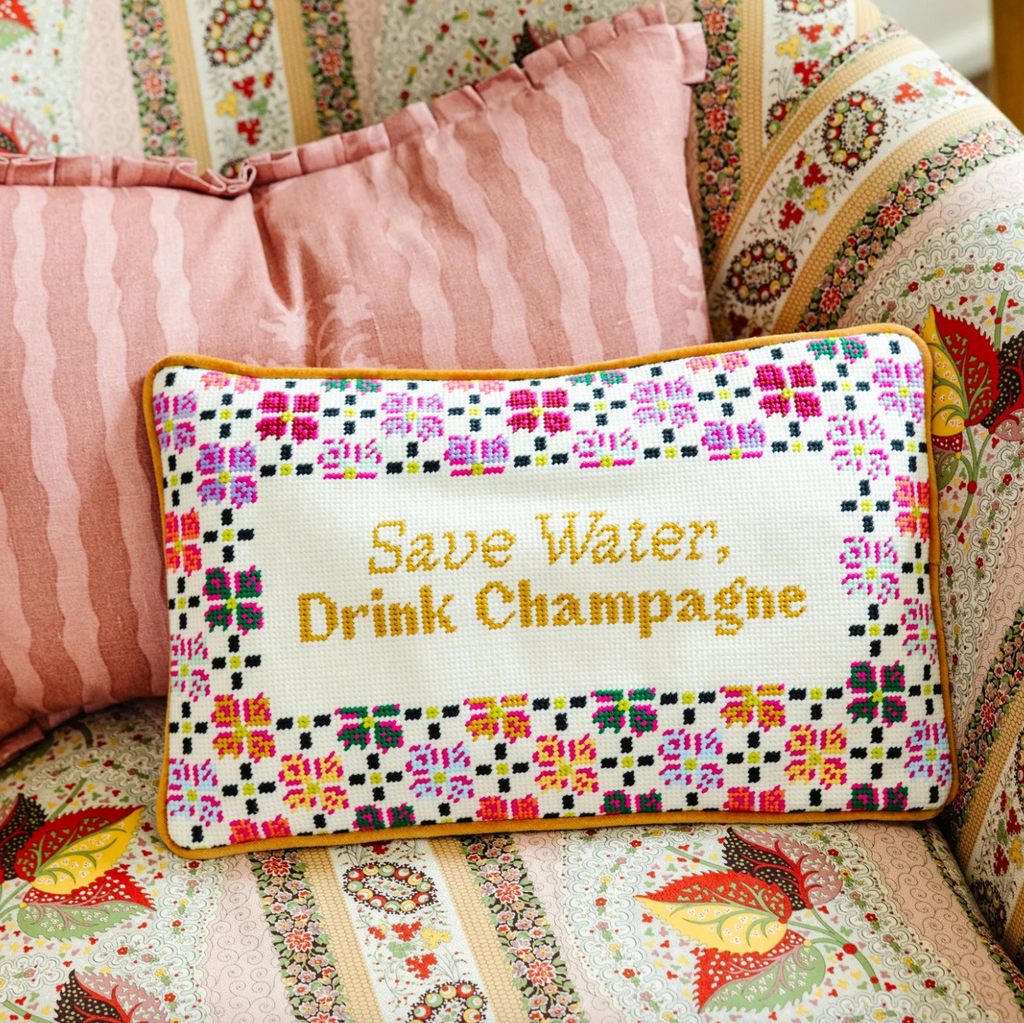 Drink Champagne Needlepoint Pillow