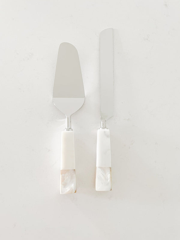 White Mother Of Pearl Marble Cake Knife Server Set