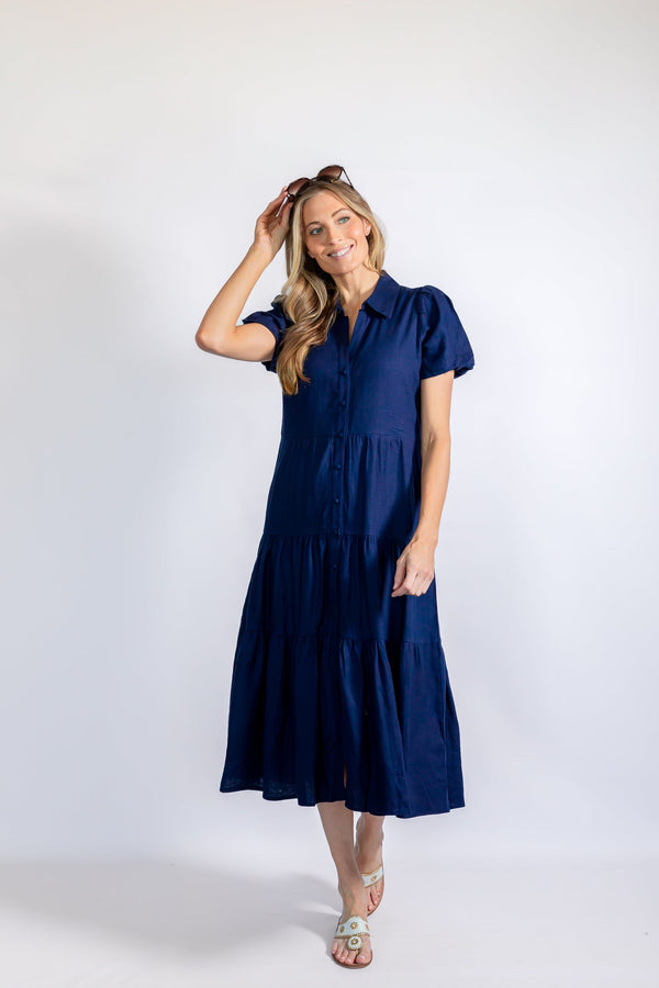 Button Front Midi Shirt Dress - Navy