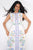 Woman wearing a white dress with colorful floral embroidery on a white background