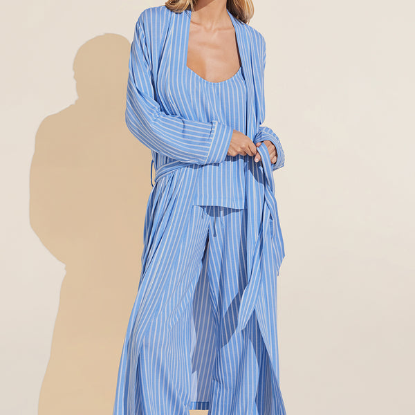 【ULLALA】Leaf Long Sleeve Robe Deep Blue Printed Gisele Long Robe - Nordic Stripes Vista Blue Ivory