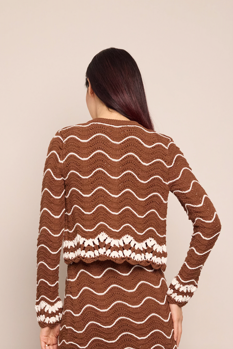 Jolene Cardigan - Brown Ivory Wave Multi Crochet