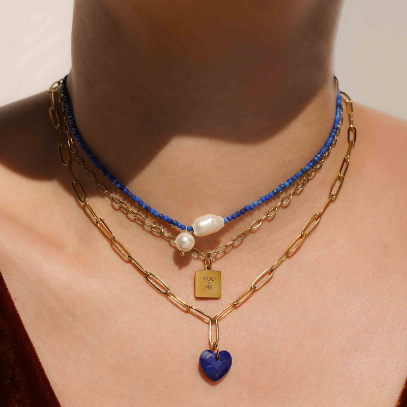 Gold Mini Square Message Necklace - You + Me