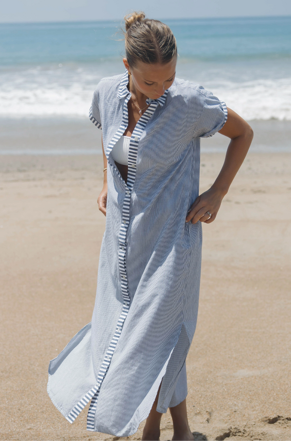 Riga Short Sleeve Midi Dress - Navy Stripes