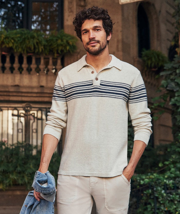 Ellias Chest Stripe Sweater Polo - Pearl/ Dark Indigo