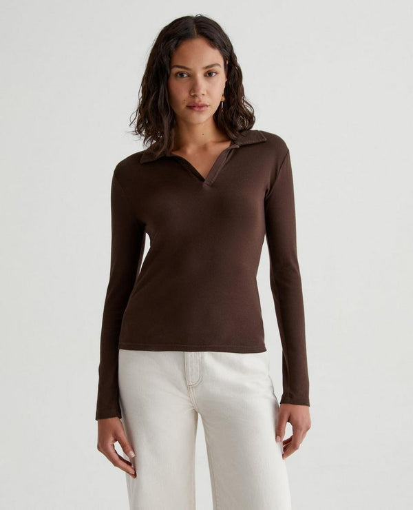 AG Jeans Gia Long Sleeve Johnny Collar Top - Bitter Chocolate