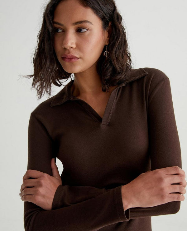AG Jeans Gia Long Sleeve Johnny Collar Top - Bitter Chocolate