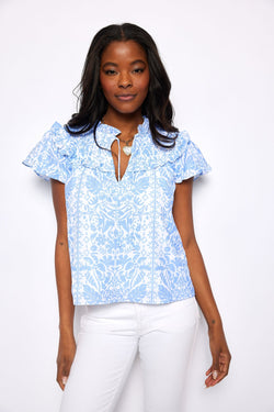 Ruffle Neck Top - Hydrangea Tropical Block Print