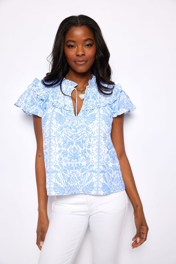 Ruffle Neck Top - Hydrangea Tropical Block Print