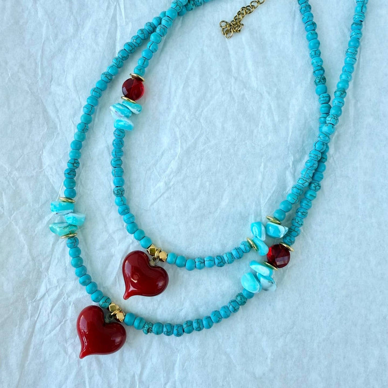Red Heart & Howlite Bead Necklace - Big Heart