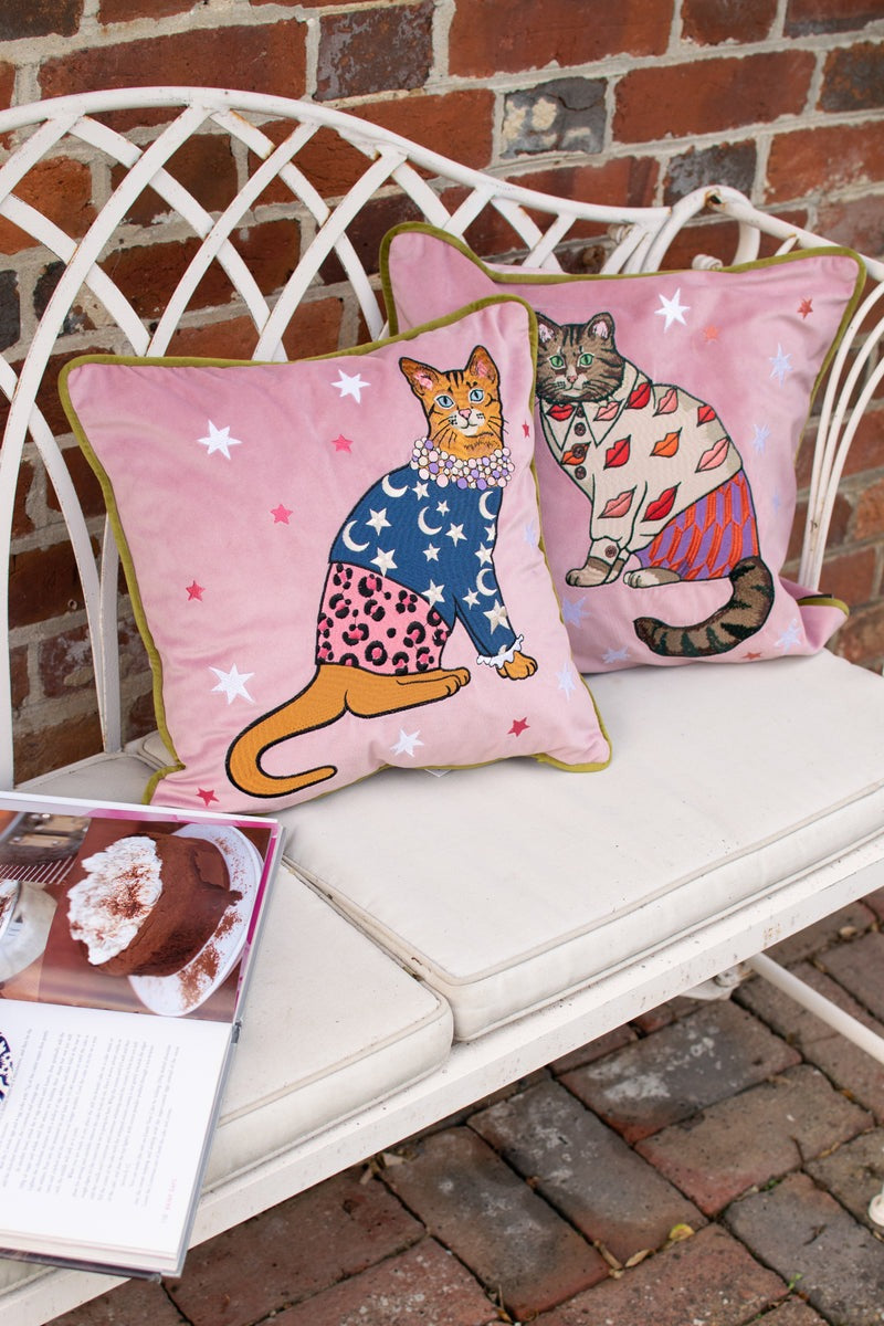 Fashion Cat Stars & Moons Embroidered Cushion Cover