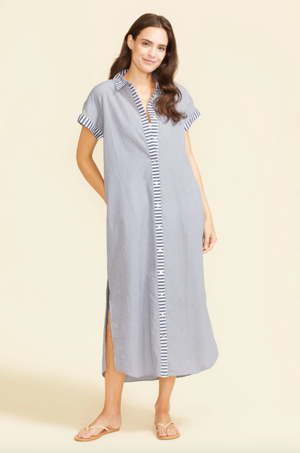 Riga Short Sleeve Midi Dress - Navy Stripes