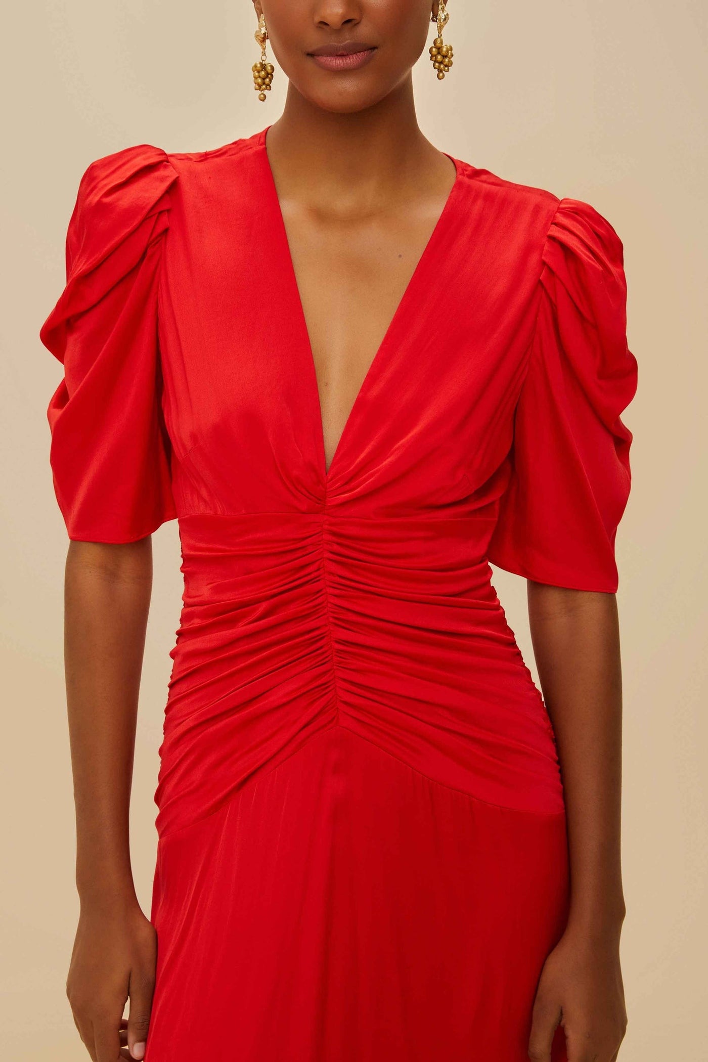 Red Gathered Midi Dress – Nell