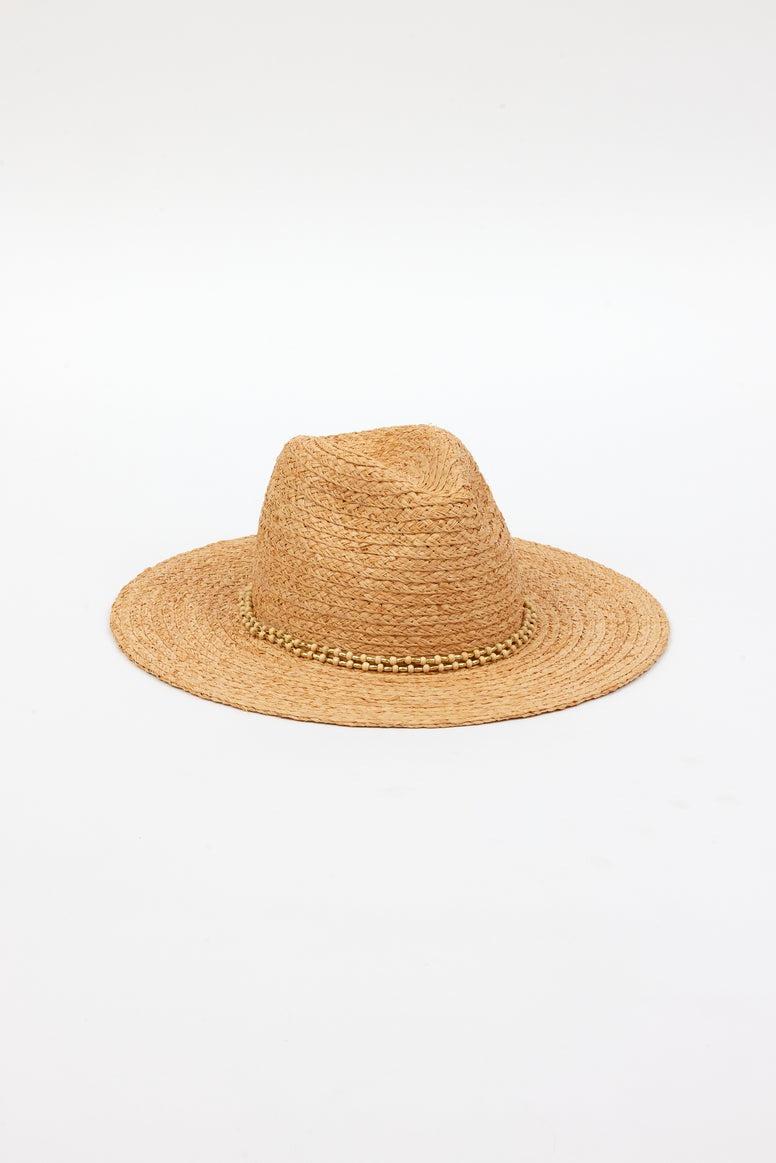 Raffia Braid Continental Hat - Natural/Gold Bead