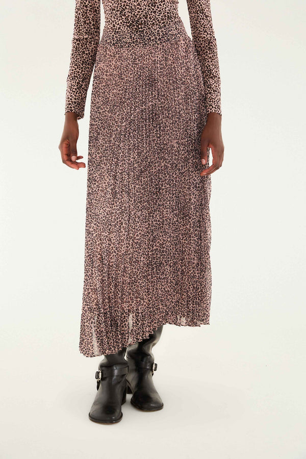Baby Pink Leopard Pleated Maxi Skirt