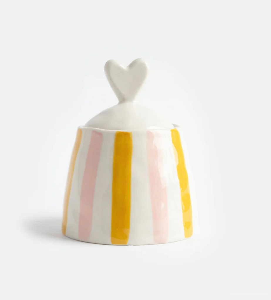 Pink & Yellow Stripe Heart Stoneware Jar