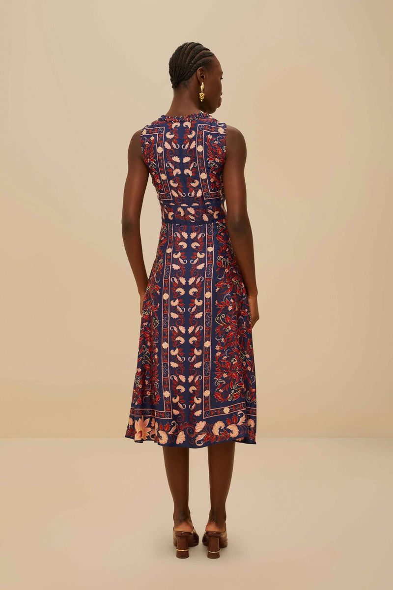 Navy Blue Boho Floral Scarf Midi Dress