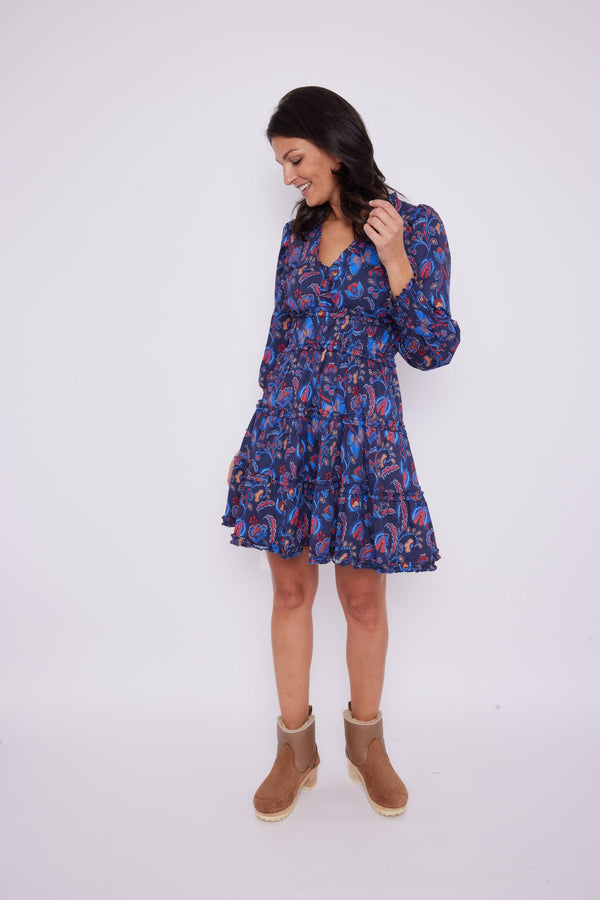 Sail To Sable Long Sleeve Smocked Dress - Aztec Floral