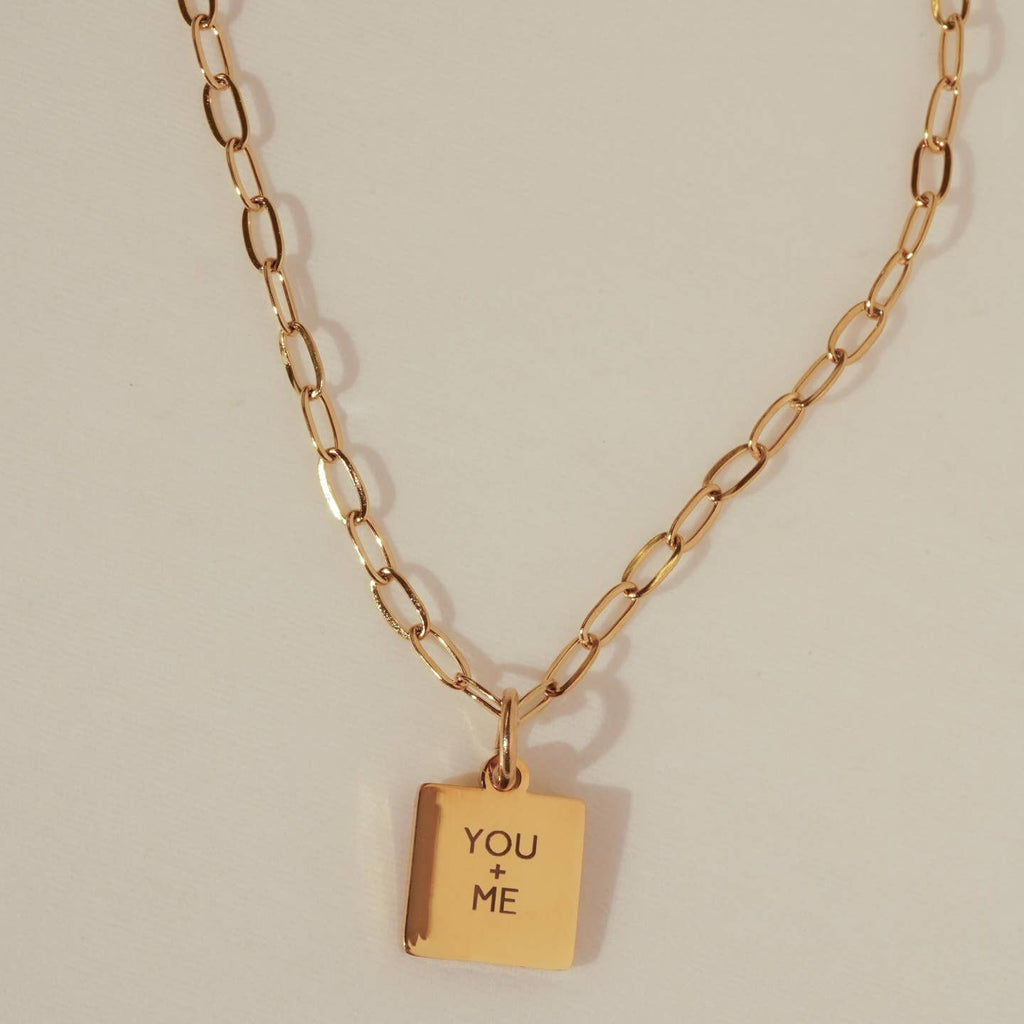 Gold Mini Square Message Necklace - You + Me