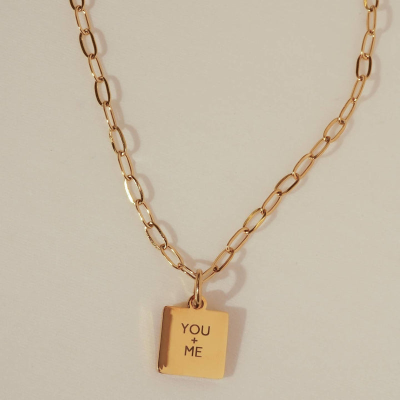 Gold Mini Square Message Necklace - You + Me