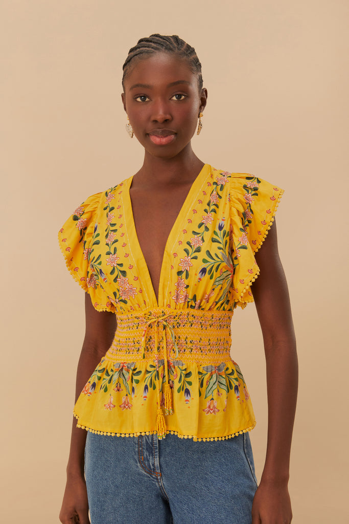 Yellow Delicate Flowers Stripe Blouse