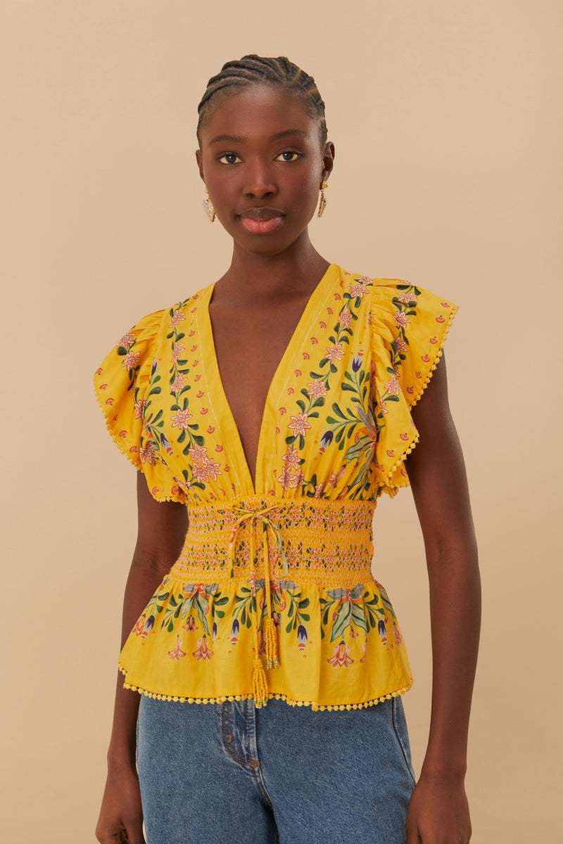 Yellow Delicate Flowers Stripe Blouse