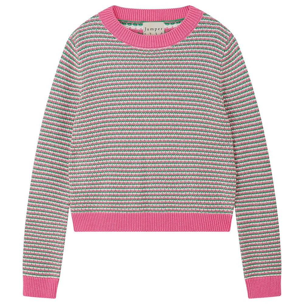 Striped sweater with pink and gray pattern on a white background