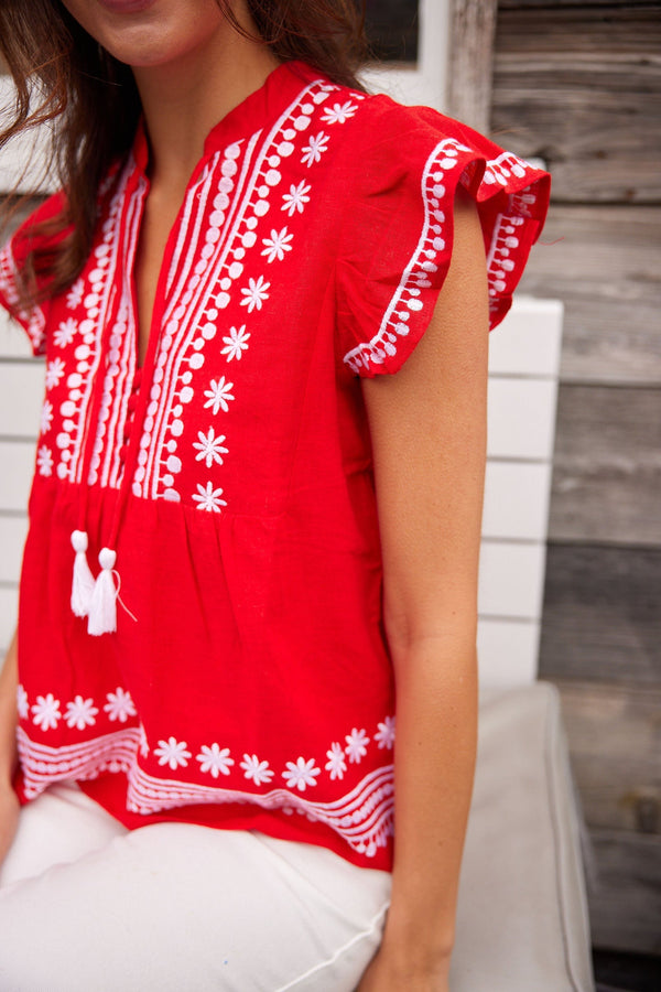 Tomato Embroidered Ruffle Front Top