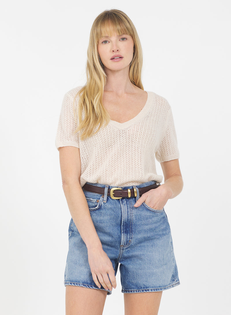 Camille Cashmere V-Neck Tee - Cream