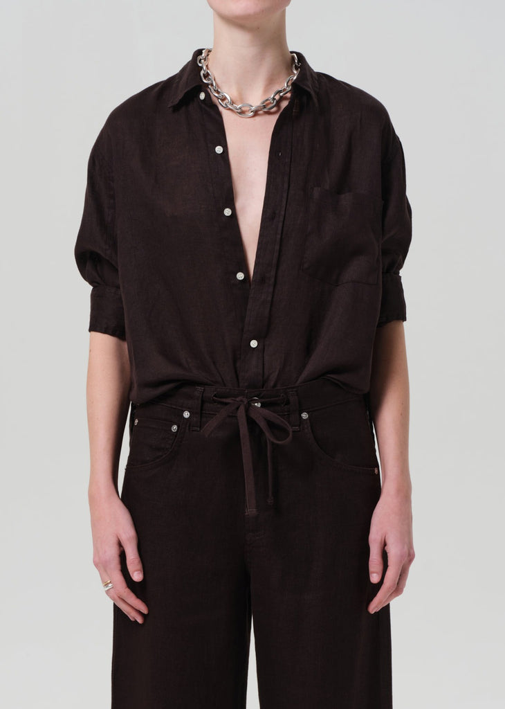 Kayla Linen Shrunken Shirt - Chocolate