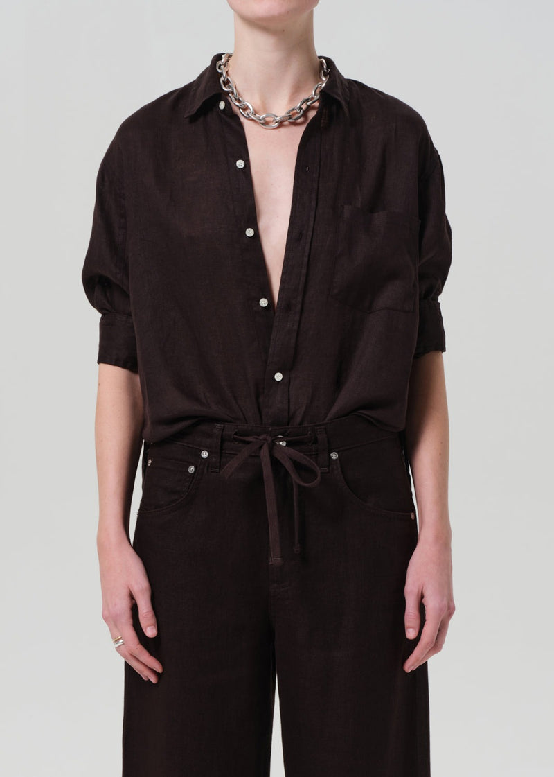 Kayla Linen Shrunken Shirt - Chocolate