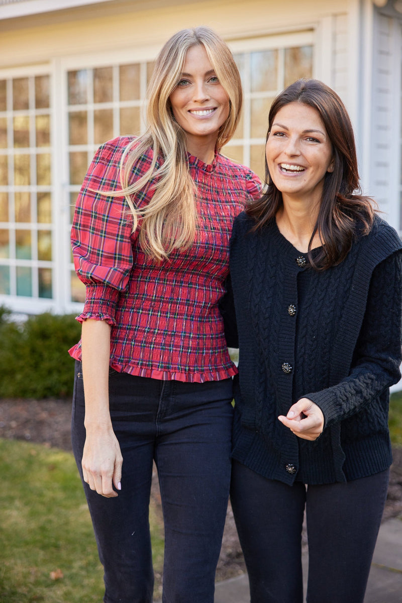 Tartan Long Sleeve Smocked Top - Red