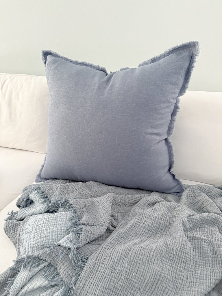 Soft Chambray Blue Fringe Linen Pillow - 26 x 26