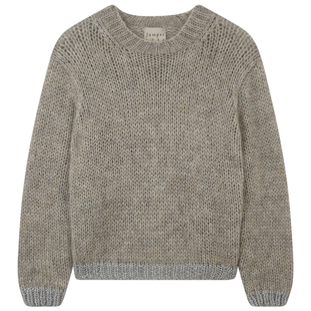 Hand Knit Contrast Crew - Pale Grey Melange
