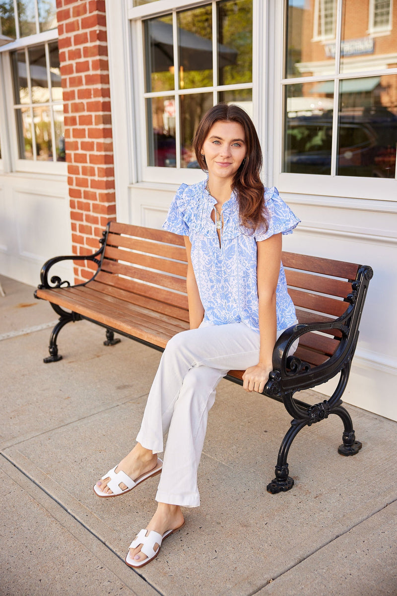 Ruffle Neck Top - Hydrangea Tropical Block Print