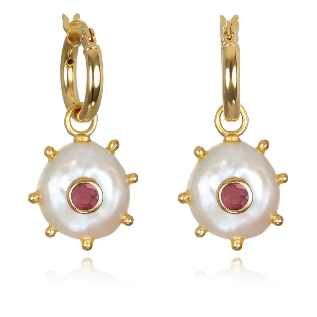 Beaded Pearl & Ruby Huggies