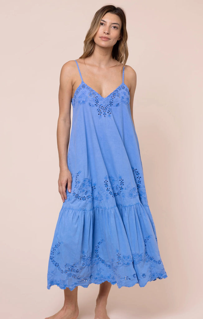 Juliet Dunn Scallop Embroidery V-Neck Poplin Midi Dress - Ocean Blue