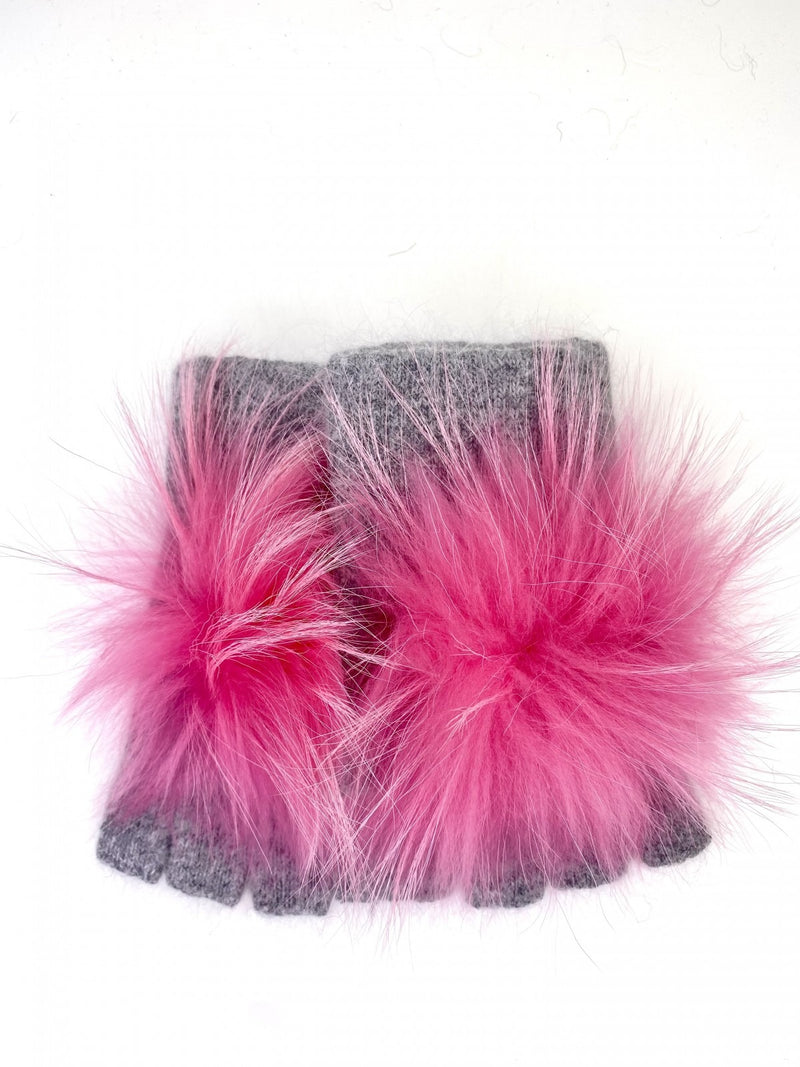 Linda Richards Angora Pom Handwarmer - Grey/Bubble Gum Pink