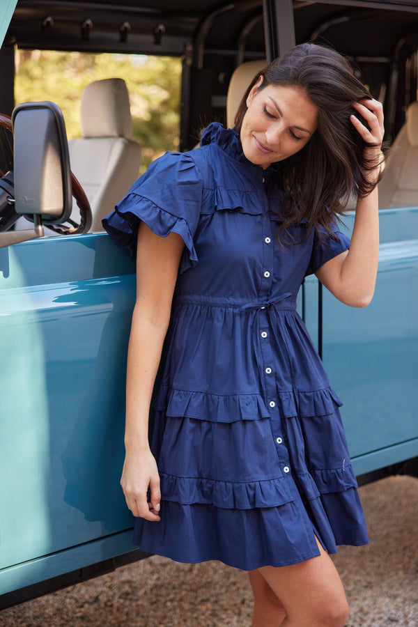 Sail To Sable Scalloped Edge Shirt Dress - Navy