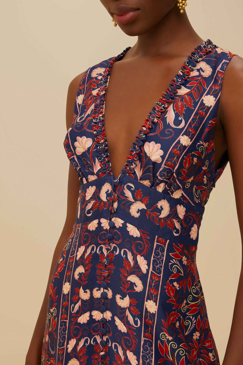 Navy Blue Boho Floral Scarf Midi Dress