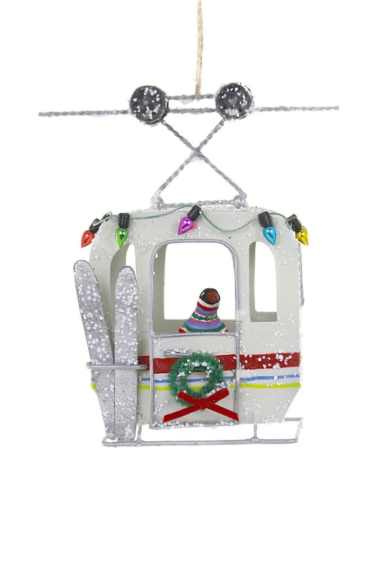 Penguin Ski Gondola Ornament - White
