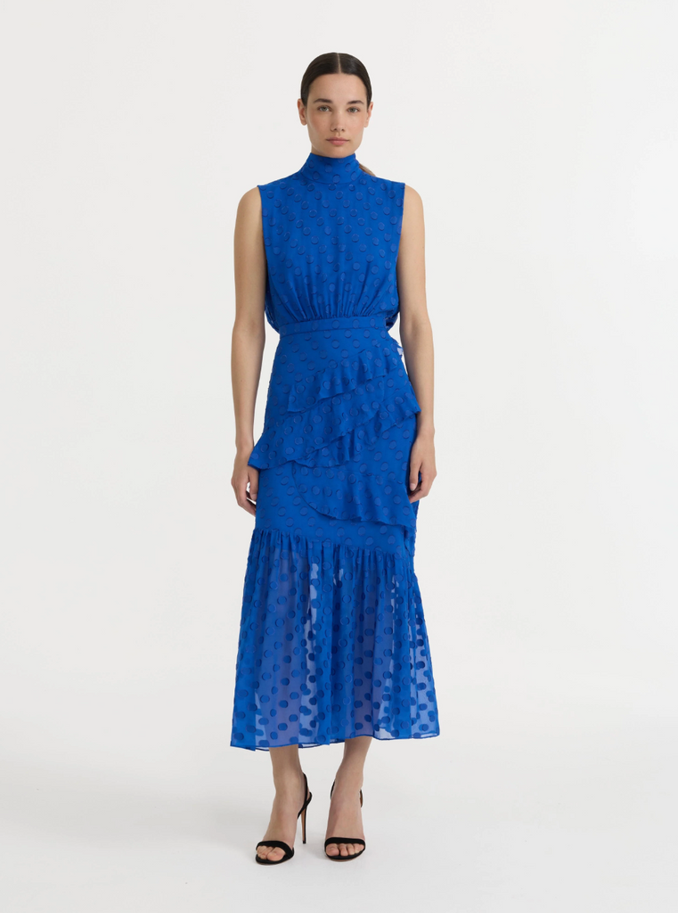 Saloni Fleur Ruffle Dress - Cobalt Blue