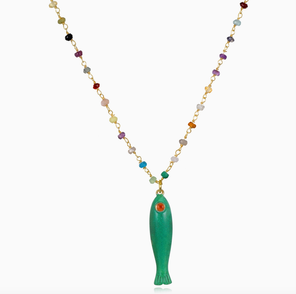 Rainbow Fish Charm Necklace - Green/Red
