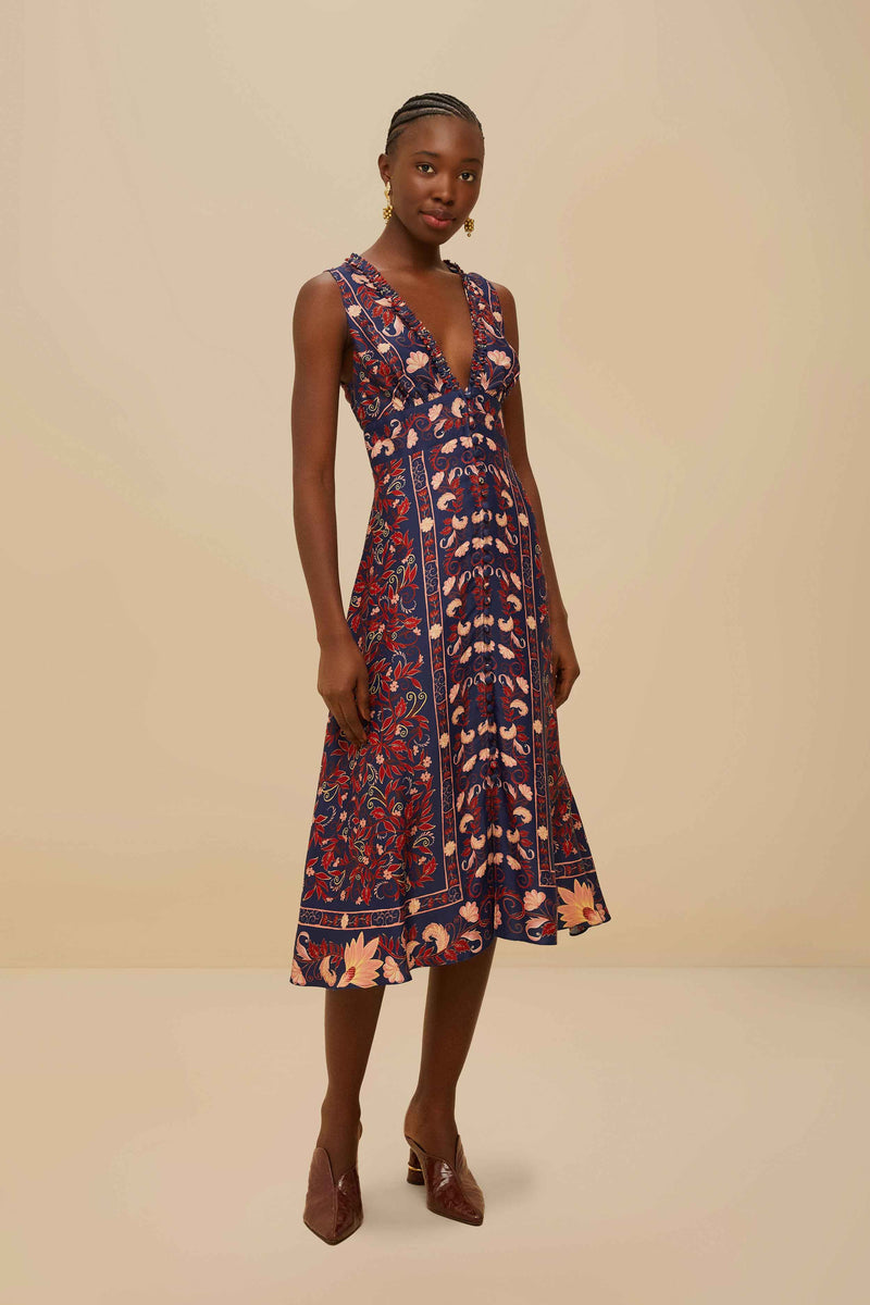 Navy Blue Boho Floral Scarf Midi Dress