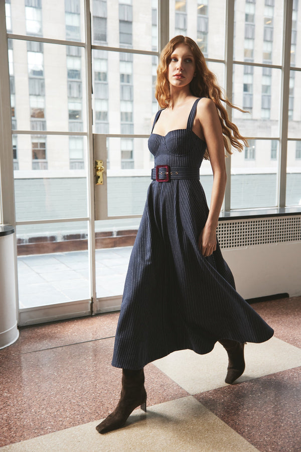 Calypso Dress - Navy Chalk Stripe
