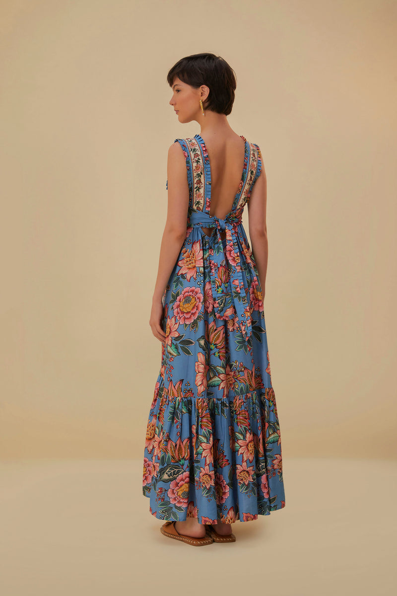Wonderful Bouquet Blue Sleeveless Maxi Dress