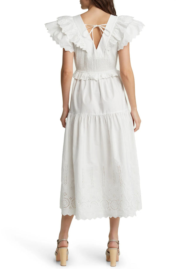 Tiered Smock Eyelet Midi Dress - White