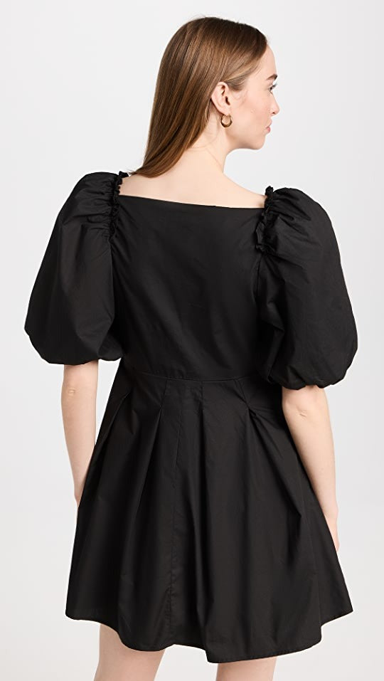 Ruffled Puff Sleeve Pleated Mini Dress - Black