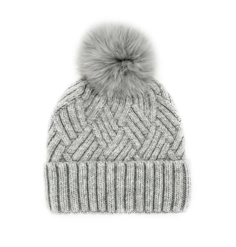 Knitted Hat W/Fox Pom Pom - Light Grey