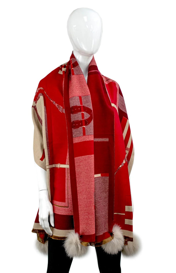 Mitchie's Red Wide Woven Equestrian Pattern Scarf with Moody Grey Fox Poms
